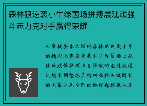森林狼逆袭小牛绿茵场拼搏展现顽强斗志力克对手赢得荣耀